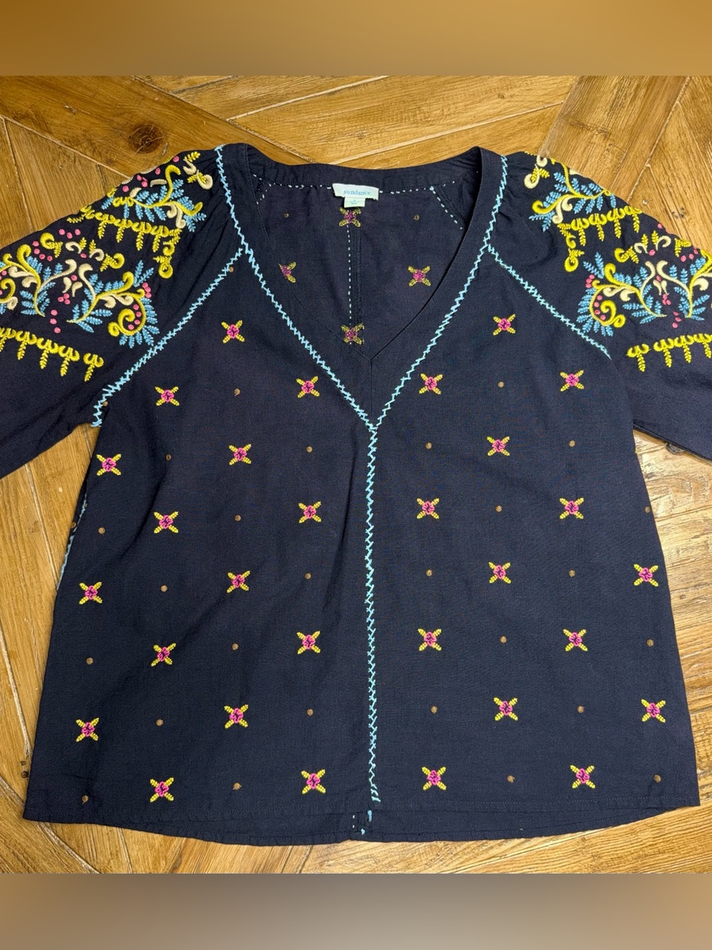 Sundance Embroidered Boho V-Neck Blouse Black Size Small